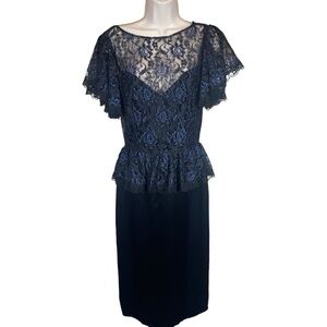 GUNNE SAX Sweetheart Gown Blue Lace Black Satin Prom Dress Medium whimsigoth